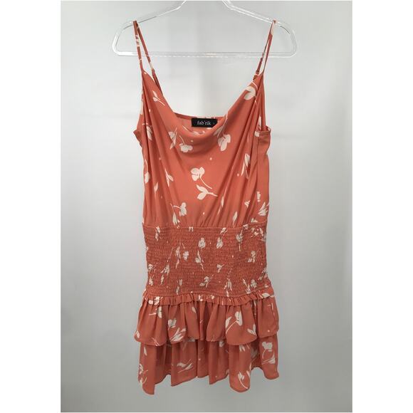 Fab'rik Peach White Smocked Waist Ruffle Tiered Mini Dress Size L - Picture 1 of 8